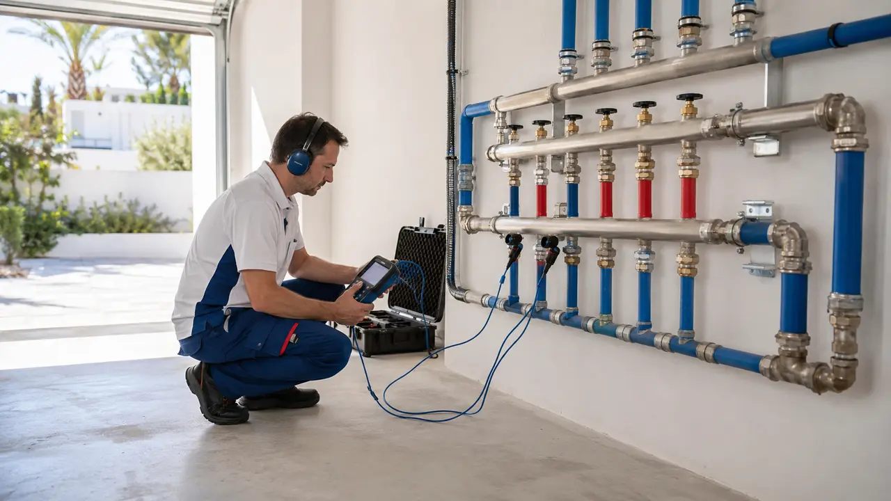 Técnico revisando con cámara térmica una instalación comunitaria en Casares