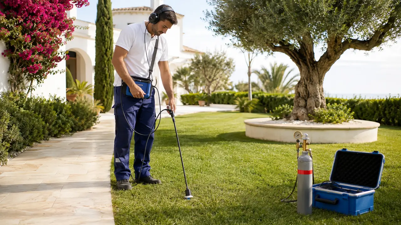 Especialista buscando una fuga de agua en una zona exterior ajardinada de Casares